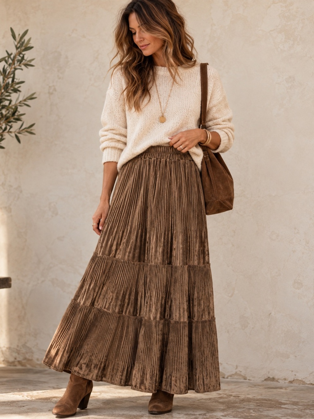 Brown Chenille Pleated Tiered Maxi Skirt